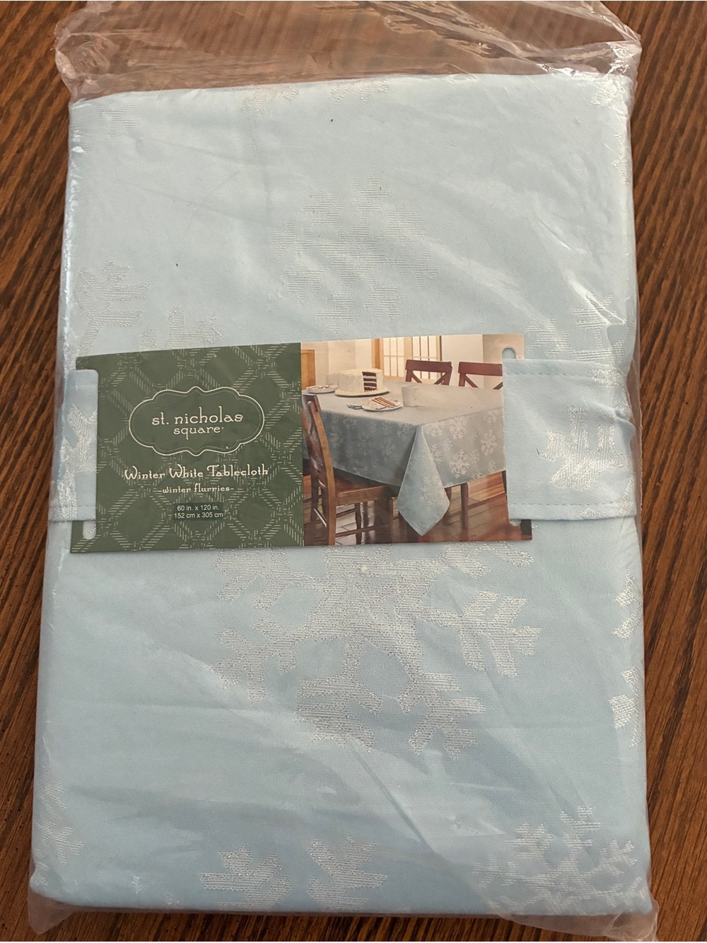 St. Nicholas Light Blue Winter Snowflake Tablecloth Rectangle 60  in x 120 in